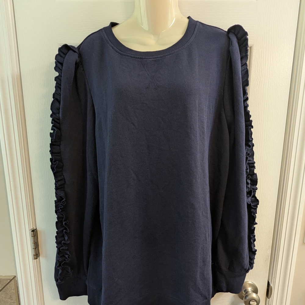 Crown & Ivy Navy Ruffle Sleeve Sweater 1X Sweatshirt Fabric NWT